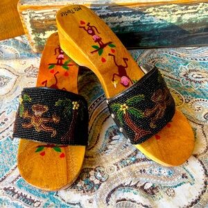 Miz Tanice Retro Wooden Painted Seed Bead Monkey slide sandal. Monkey Tropical